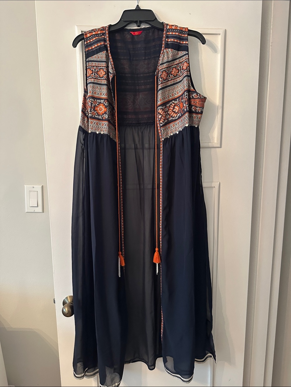 Boho Embroidered Navy Maxi Vest- Shawl/Drape with Orange Accents (from India)